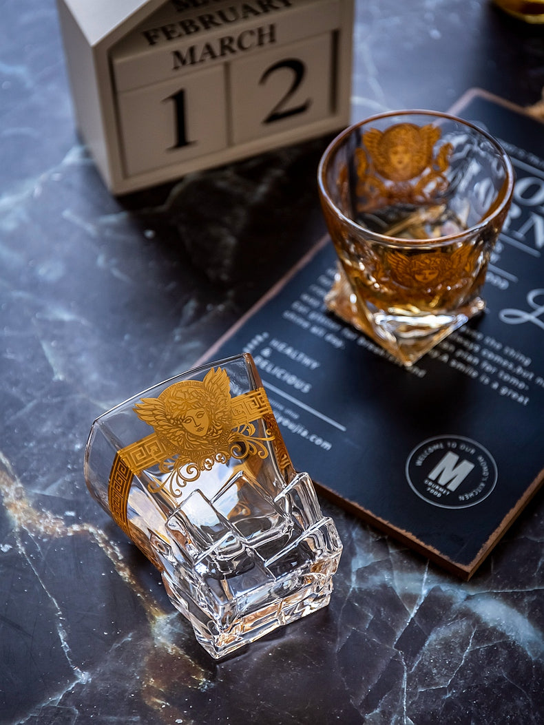 ALDO Kitchen & Dining > Tableware > Drinkware Luxury Versace Style Hand Cut and Blown 24 Karat Gold Plated Crystal lead Free Glasses for Whisky Vodka Cocktails