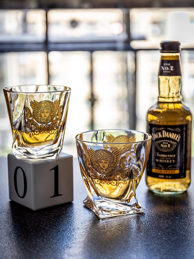 ALDO Kitchen & Dining > Tableware > Drinkware Luxury Versace Style Hand Cut and Blown 24 Karat Gold Plated Crystal lead Free Glasses for Whisky Vodka Cocktails