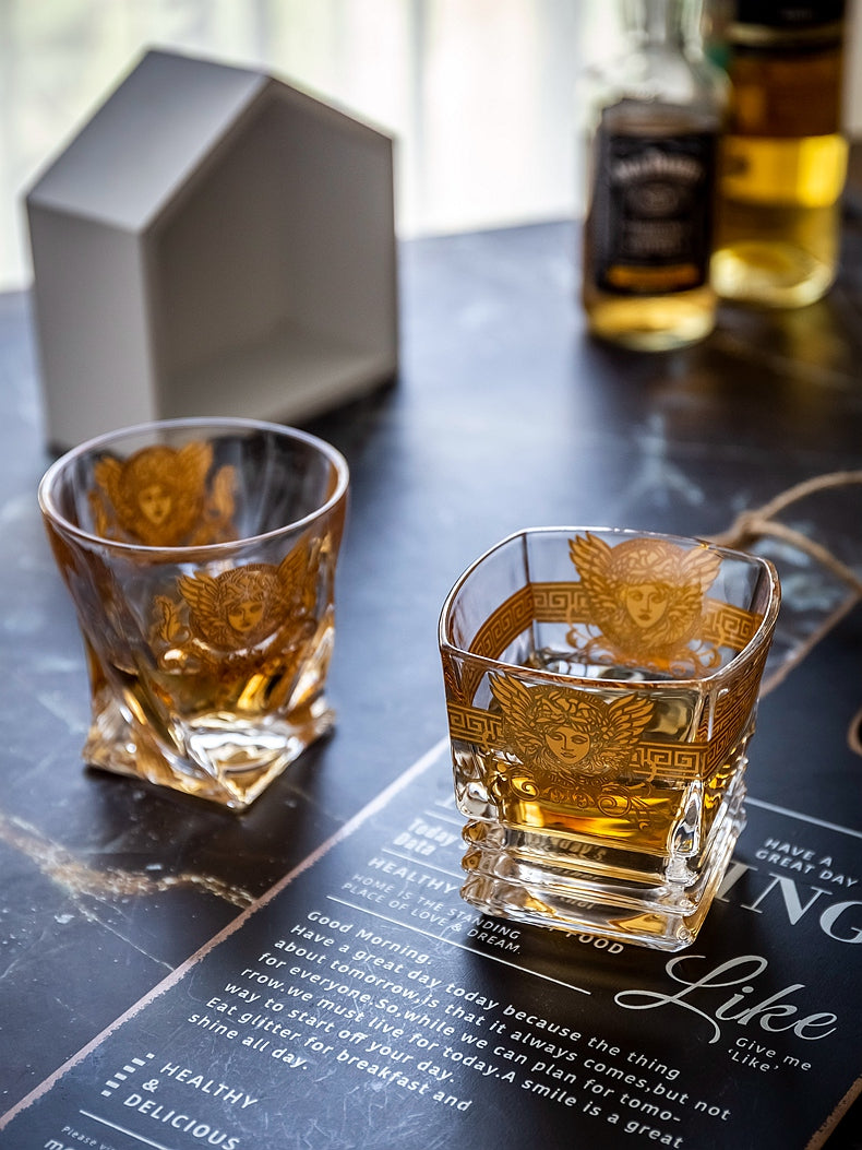 ALDO Kitchen & Dining > Tableware > Drinkware Luxury Versace Style Hand Cut and Blown 24 Karat Gold Plated Crystal lead Free Glasses for Whisky Vodka Cocktails