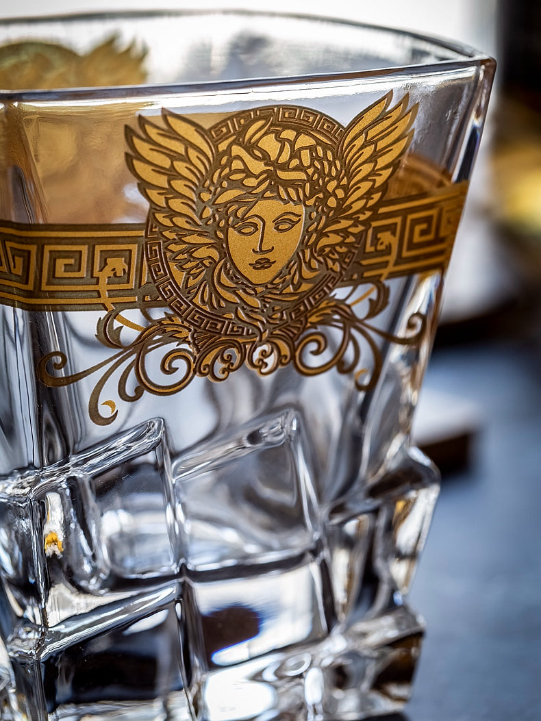 ALDO Kitchen & Dining > Tableware > Drinkware Luxury Versace Style Hand Cut and Blown 24 Karat Gold Plated Crystal lead Free Glasses for Whisky Vodka Cocktails