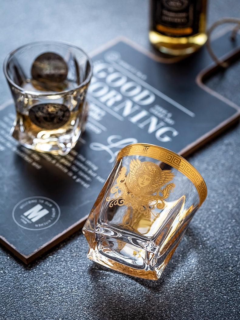 ALDO Kitchen & Dining > Tableware > Drinkware Luxury Versace Style Hand Cut and Blown 24 Karat Gold Plated Crystal lead Free Glasses for Whisky Vodka Cocktails