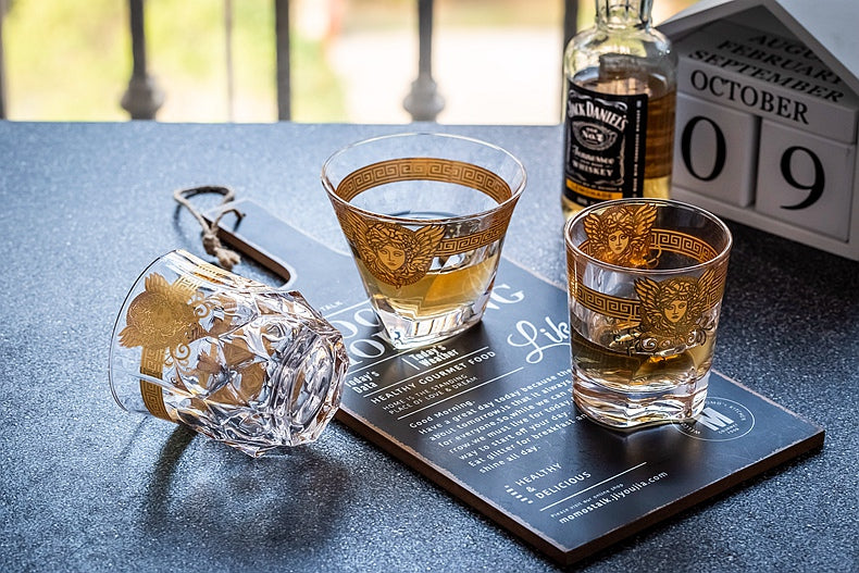 ALDO Kitchen & Dining > Tableware > Drinkware Luxury Versace Style Hand Cut and Blown 24 Karat Gold Plated Crystal lead Free Glasses for Whisky Vodka Cocktails