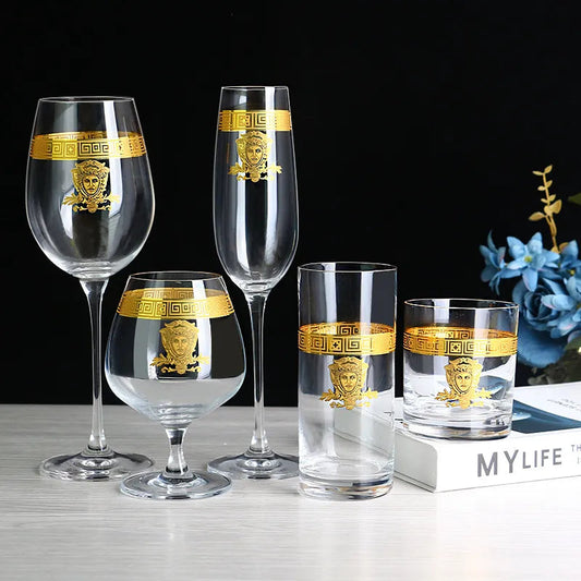 ALDO Kitchen & Dining > Tableware > Drinkware Medusa Style Gold Plated Set / Crystal Lead Free Lead- Free  Crystal Luxury Versace Style Hand Cut and Blown 24 Karat Gold Plated Glasses for Whisky Shampaign Vodka Cocktails
