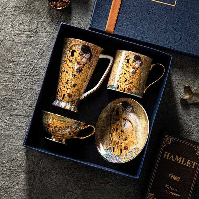 ALDO Kitchen & Dining > Tableware > Drinkware New Coffee and Tea Sets / Porcelain / Two Mugs and  Cups Gift Set Royal Classic Klimt Art The Kiss Coffee and Tea Set With Cup and Two Mugs Bone China Porcelain 24 K Gold Plated