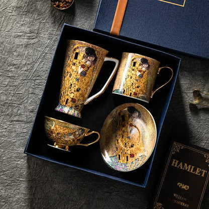 ALDO Kitchen & Dining > Tableware > Drinkware New Coffee and Tea Sets / Porcelain / Two Mugs and  Cups Gift Set Royal Classic Klimt Art The Kiss Coffee and Tea Set With Cup and Two Mugs Bone China Porcelain 24 K Gold Plated
