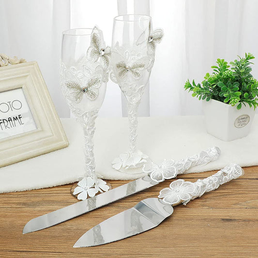 ALDO Kitchen & Dining > Tableware > Drinkware New / Lead free Crystal / 2.5 x 8.4 x 2.5 Inches Eligant Laxury Bride and Groom Dressed In Rhinestone Bridal Set Lead Free Crystal Champagne Wine Glasses with Cake Knife and Shovel