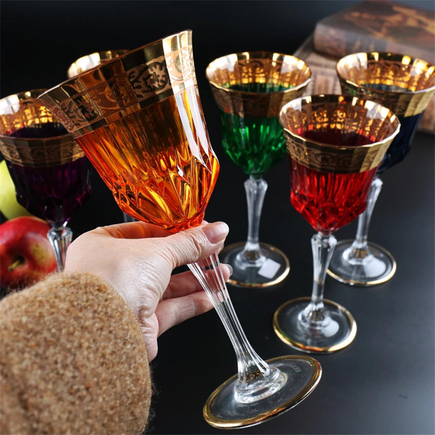 ALDO Kitchen & Dining > Tableware > Drinkware Orange Luxury Bohemian Lead Free Hand Cut and Hand Blown Crystal Multicolor Wine Goblets Champagne  Glasses with Real Gold leaf