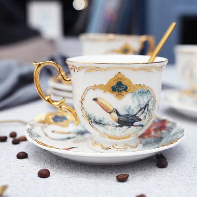 ALDO Kitchen & Dining > Tableware > Drinkware Porcelain / Model 6 Single Cup With Saucer and Spoon Vintage Style Coffee and Tea Cups Made From Fine Porcelain 24 Karat Gold Plated