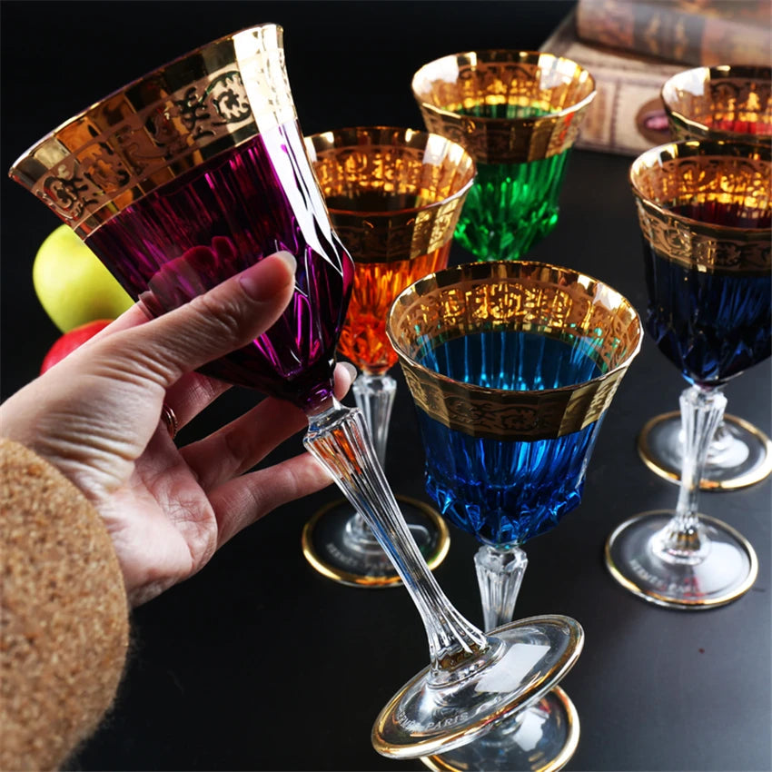 ALDO Kitchen & Dining > Tableware > Drinkware Purple Luxury Bohemian Lead Free Hand Cut and Hand Blown Crystal Multicolor Wine Goblets Champagne  Glasses with Real Gold leaf