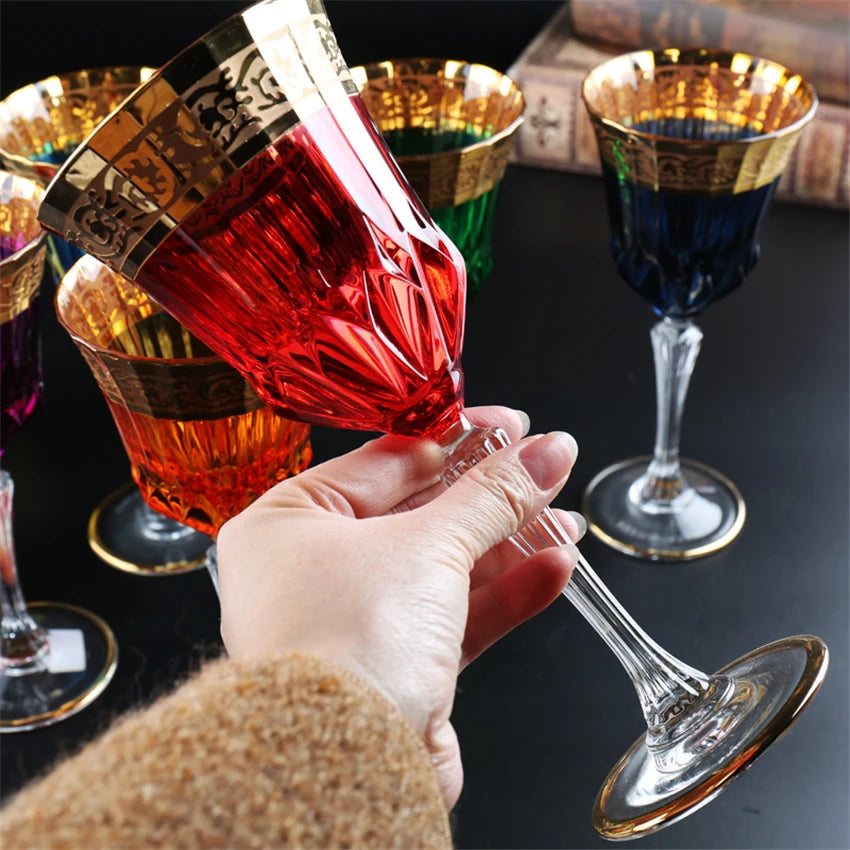ALDO Kitchen & Dining > Tableware > Drinkware Red Luxury Bohemian Lead Free Hand Cut and Hand Blown Crystal Multicolor Wine Goblets Champagne  Glasses with Real Gold leaf