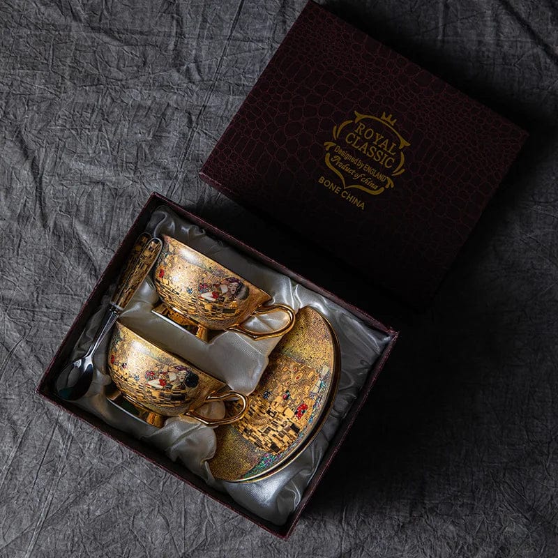ALDO Kitchen & Dining > Tableware > Drinkware Royal Classic Klimt Art The Kiss Coffee and Tea Set With Cup and Two Mugs Bone China Porcelain 24 K Gold Plated