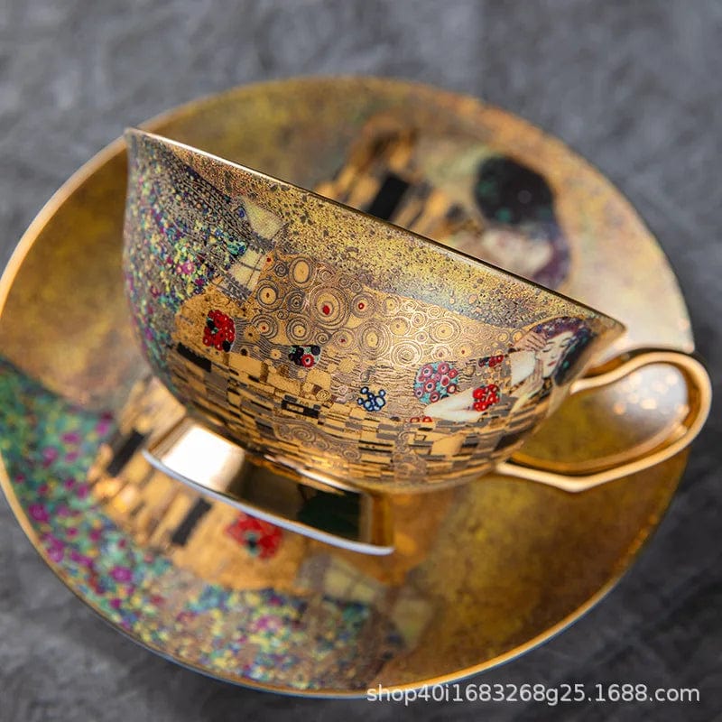 ALDO Kitchen & Dining > Tableware > Drinkware Royal Classic Klimt Art The Kiss Coffee and Tea Set With Cup and Two Mugs Bone China Porcelain 24 K Gold Plated