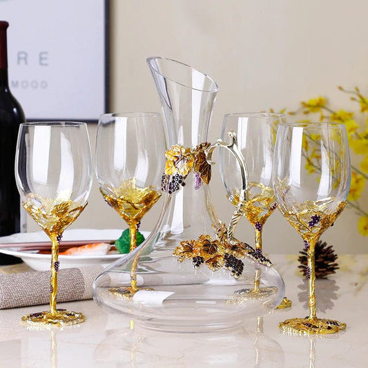 ALDO Kitchen & Dining > Tableware > Drinkware Set of Four Enamel Wine Glass and Wine Decanter Set / Crystal / Wine Glass:  21.5cm  x 7cm x 8 cm.  Wine Decanter: 27cm x 20 cm x 5.5 cm Wine Grape Design Enamel Lead Free Crystal Goblet Wine Glasses and Wine Decanter