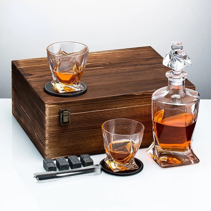 ALDO Kitchen & Dining > Tableware > Drinkware Whiskey Crystal Decanter and Glasses,8 Stone Cubes,Leather Coasters in Pinewood Gift Boxlead