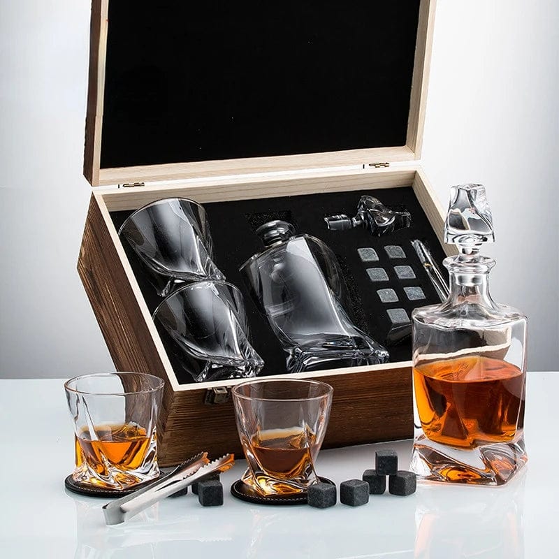 ALDO Kitchen & Dining > Tableware > Drinkware Whiskey Crystal Decanter and Glasses,8 Stone Cubes,Leather Coasters in Pinewood Gift Boxlead