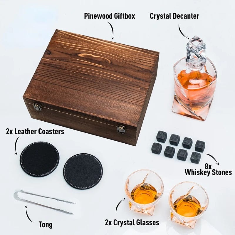 ALDO Kitchen & Dining > Tableware > Drinkware Whiskey Crystal Decanter and Glasses,8 Stone Cubes,Leather Coasters in Pinewood Gift Boxlead