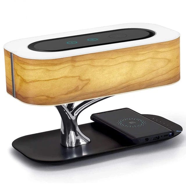 ALDO Lighting > Lamps 11"D x 11"W x 8"H / New / Wood/Fabric/Metal Picasso Lamp with Smart Touch Wireless Bluetooth Speakers and Phone Charging Pad