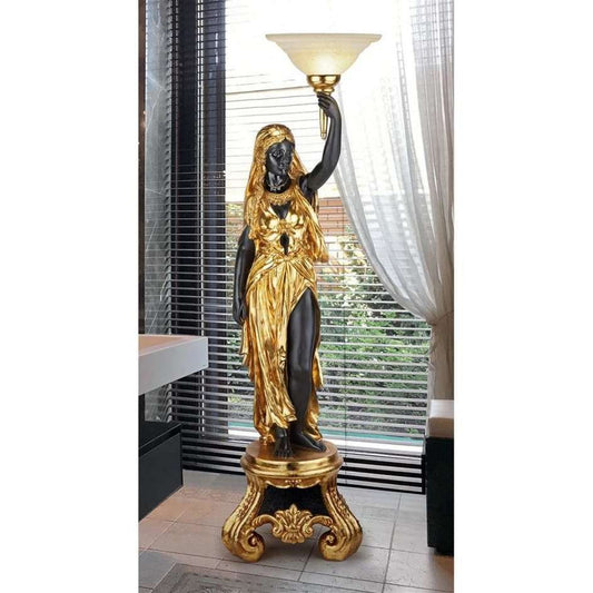 ALDO Lighting > Lamps 24"Wx24"Dx80.5"H / New / Resin Art of Illumination Greek Style Arabesque Golden Maiden Sculptural Floor Lamp