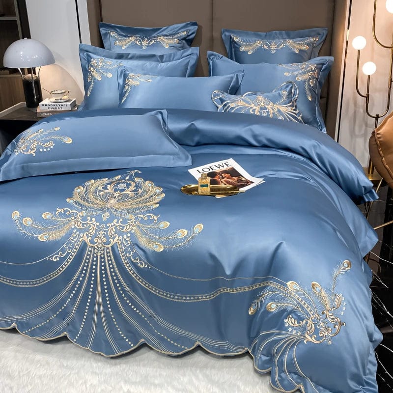 ALDO Linens & Bedding > Bedding > Duvet Covers King / Blue / Fitted sheet style Victorian Royal Style Luxury Duvet Egyptian Cotton Embroidery Cotton 4 Pic Bedding Set