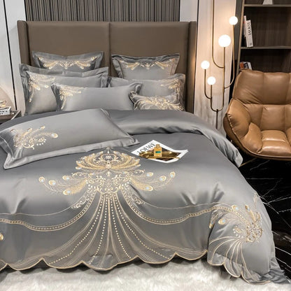 ALDO Linens & Bedding > Bedding > Duvet Covers King / Grey / Fitted sheet style Victorian Royal Style Luxury Duvet Egyptian Cotton Embroidery Cotton 4 Pic Bedding Set
