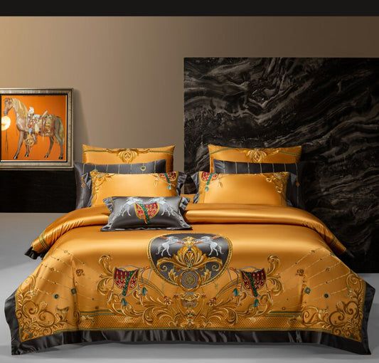 ALDO Linens & Bedding > Bedding > Duvet Covers New Queen Yellow  4 piece Set / 100% Cotton / Blue Green Grey Yellow Red Pnk Luxury Spanish Royal Style Egyptian Cotton Duvet Bedding Set with Embroidery