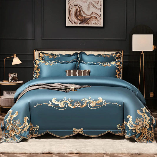 ALDO > Linens & Bedding > Bedding > Duvet Covers Queen / 100% Cotton / Blue Glamorous Luxury Duvet Set 100% Egyptian Cotton With Golden Embroidery