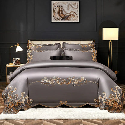 ALDO > Linens & Bedding > Bedding > Duvet Covers Queen / 100% Cotton / Gray Glamorous Luxury Duvet Set 100% Egyptian Cotton With Golden Embroidery