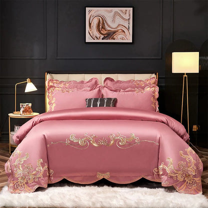 ALDO > Linens & Bedding > Bedding > Duvet Covers Queen / 100% Cotton / Pink Glamorous Luxury Duvet Set 100% Egyptian Cotton With Golden Embroidery