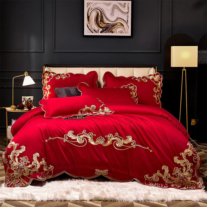ALDO > Linens & Bedding > Bedding > Duvet Covers Queen / 100% Cotton / Red Glamorous Luxury Duvet Set 100% Egyptian Cotton With Golden Embroidery