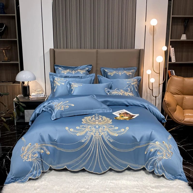 ALDO Linens & Bedding > Bedding > Duvet Covers Queen / Blue / Flat sheet style Victorian Royal Style Luxury Duvet Egyptian Cotton Embroidery Cotton 4 Pic Bedding Set