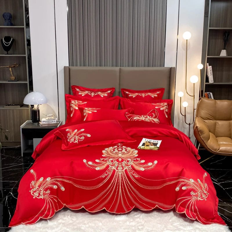 ALDO Linens & Bedding > Bedding > Duvet Covers Queen / Red / Flat sheet style Victorian Royal Style Luxury Duvet Egyptian Cotton Embroidery Cotton 4 Pic Bedding Set