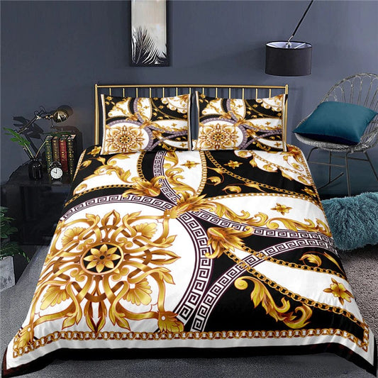 ALDO Linens & Bedding > Bedding > Duvet Covers US Twin(173x218) / Poliester / gold white and black Versace Style Luxury Duvet 3pc Set With Gold White and Black Colors
