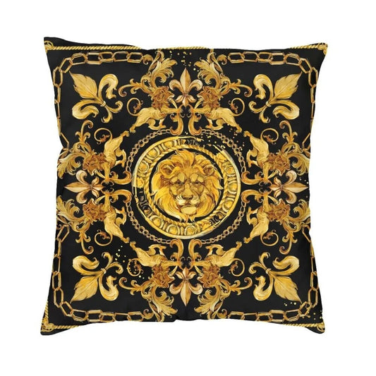 ALDO Linens & Bedding > Bedding > Pillowcases & Shams 40x40cm 16x16in / Velvet / Black and Gold Versace Style Golden Lion with Damask Ornament Luxury Velvet Pillowcases