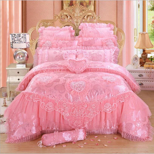 ALDO Linens & Bedding > Bedding > Quilts & Comforters B / Queen Size / 4pcs Luxury  Pink Lace Princess Satin Cotton Duvet Cover Bedding Set With Pillow Covers