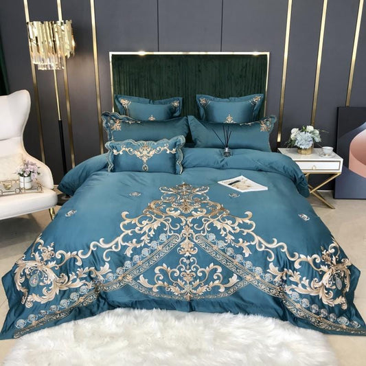 ALDO Linens & Bedding > Bedding > Quilts & Comforters Blue / Queen Size / 4pcs Royal Gold Embroidery Satin Cotton Luxury Blue Soft Smooth Quilt Duvet Cover Bedspread Bedding Set With Pillow Covers
