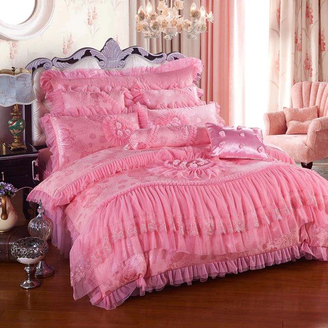 ALDO Linens & Bedding > Bedding > Quilts & Comforters D / Queen Size / 4pcs Luxury  Pink Lace Princess Satin Cotton Duvet Cover Bedding Set With Pillow Covers