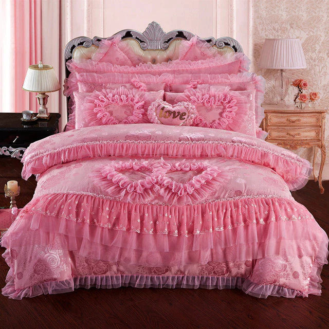 ALDO Linens & Bedding > Bedding > Quilts & Comforters F / Queen Size / 4pcs Luxury  Pink Lace Princess Satin Cotton Duvet Cover Bedding Set With Pillow Covers