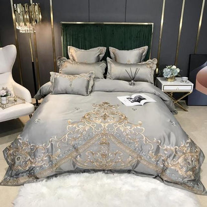 ALDO Linens & Bedding > Bedding > Quilts & Comforters Gray / King  Size / 4pcs Royal Gold Embroidery Satin Cotton Luxury Gray Soft Smooth Quilt Duvet Cover Bedspread Bedding Set With Pillow Covers