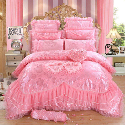 ALDO Linens & Bedding > Bedding > Quilts & Comforters H / Queen Size / 4pcs Luxury  Pink Lace Princess Satin Cotton Duvet Cover Bedding Set With Pillow Covers