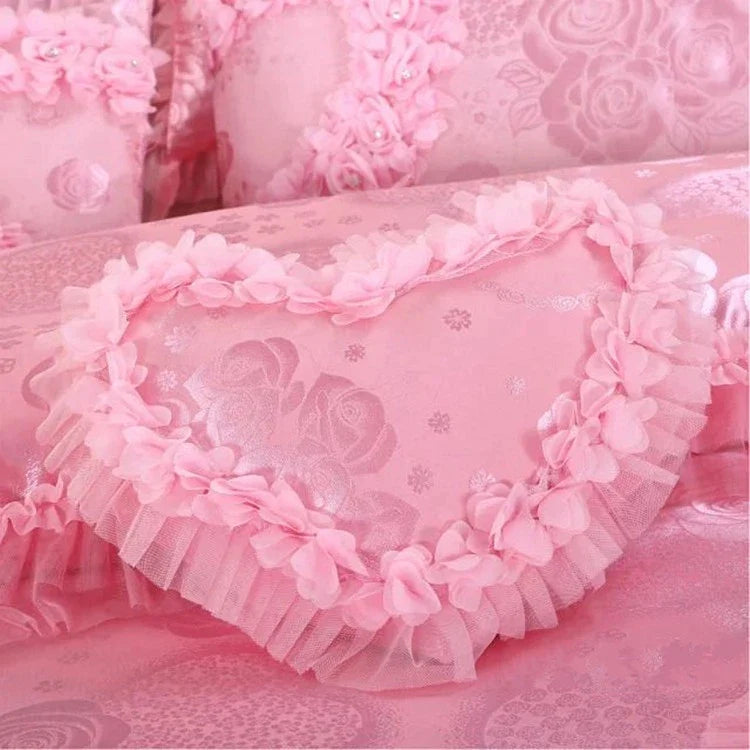 ALDO Linens & Bedding > Bedding > Quilts & Comforters Luxury  Pink Lace Princess Satin Cotton Duvet Cover Bedding Set With Pillow Covers
