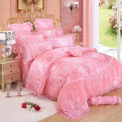 ALDO Linens & Bedding > Bedding > Quilts & Comforters Luxury  Pink Lace Princess Satin Cotton Duvet Cover Bedding Set With Pillow Covers