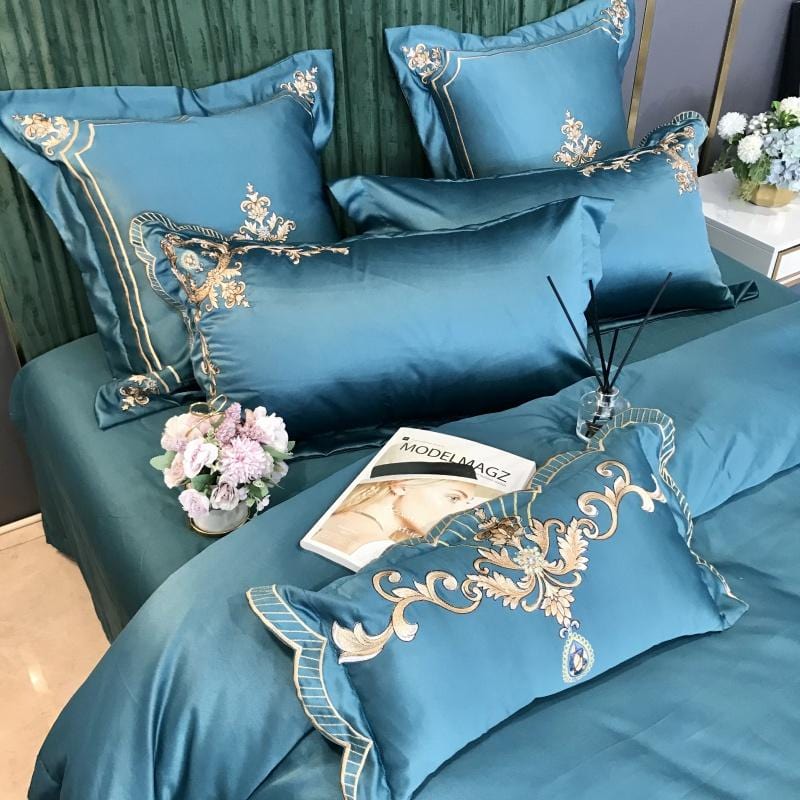 ALDO Linens & Bedding > Bedding > Quilts & Comforters Royal Gold Embroidery Satin Cotton Luxury Blue Soft Smooth Quilt Duvet Cover Bedspread Bedding Set With Pillow Covers