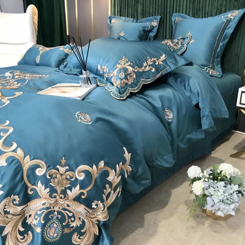 ALDO Linens & Bedding > Bedding > Quilts & Comforters Royal Gold Embroidery Satin Cotton Luxury Blue Soft Smooth Quilt Duvet Cover Bedspread Bedding Set With Pillow Covers