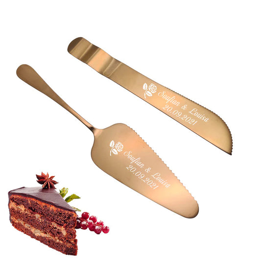 ALDO Party & Celebration > Party Supplies > Party Favors > Wedding Favors New / Stainless steel / Cake Knife cutter: 7.8inch/20cm      Cake shovel: 9inch/23cm Laxury Bride and Groom Customisable Rose Gold Cake Knife and Cake Shovel Set