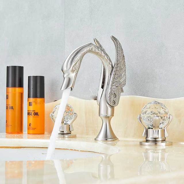 ALDO Plumbing Fixture Hardware & Parts > Faucet Accessories > Faucet Handles & Controls Brushed Nickel Contemporary  Swan Bathroom Basin Faucet Brass Deck Mounted Double Crystal Handles