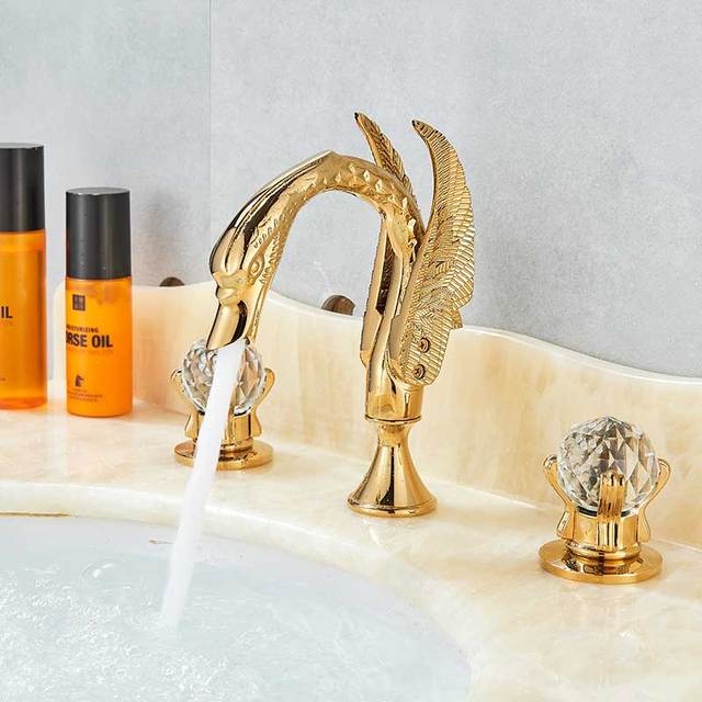 ALDO Plumbing Fixture Hardware & Parts > Faucet Accessories > Faucet Handles & Controls Gold Contemporary  Swan Bathroom Basin Faucet Brass Deck Mounted Double Crystal Handles