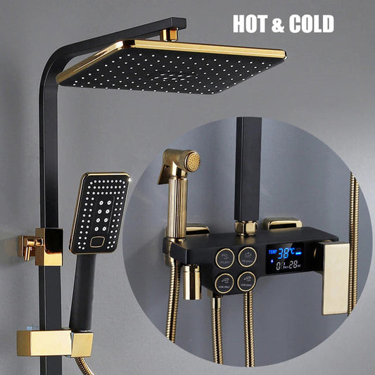 ALDO Plumbing > Plumbing Fixture Hardware & Parts > Shower Parts > Shower Heads No Thermostat Black and Gold / Brass and ABS Digital Bathroom Shower System with LED and Smart Thermostat Temperature Display Wall Mount Rainfall Head Faucet