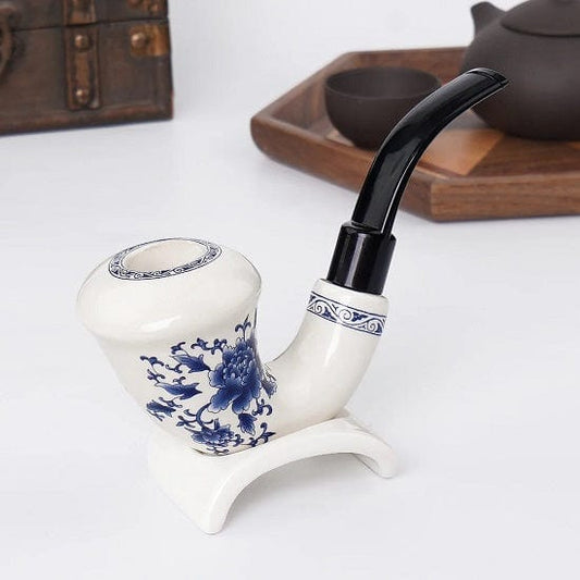 ALDO Smoking Accessories > Ashtrays Blue and White Porcelain Tobacco Pipe  Elbow 142 mm Filter Element and Pipe Holder