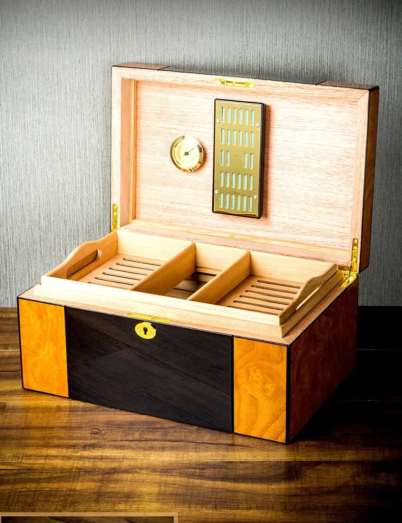 ALDO Smoking Accessories > Ashtrays Cohiba Large Capacity Cigar Humidor Humidity Meter Baked Lacquer Applique Double Layer Cedar Wood