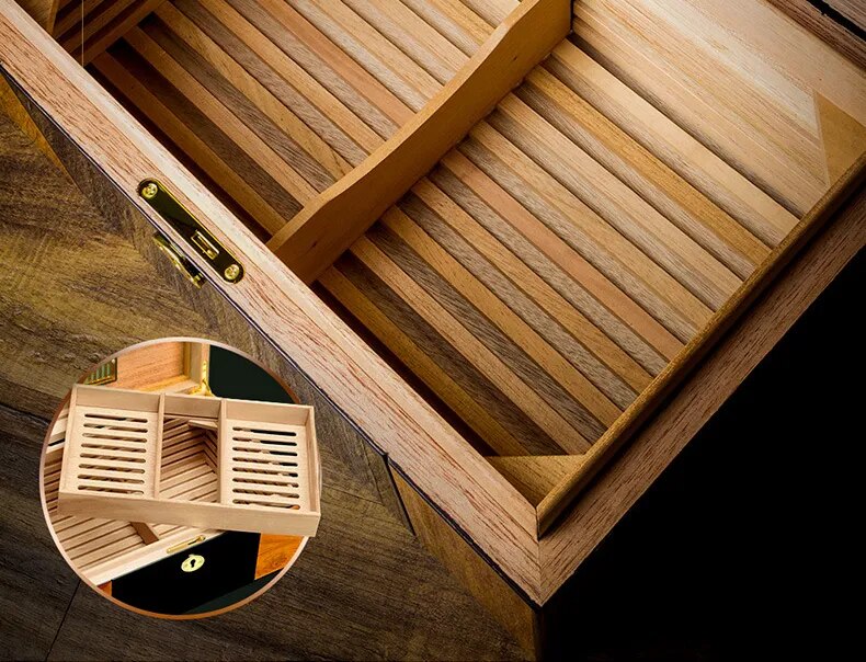 ALDO Smoking Accessories > Ashtrays Cohiba Large Capacity Cigar Humidor Humidity Meter Baked Lacquer Applique Double Layer Cedar Wood